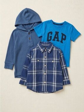 Bundle GAP Kids Blue Tee, Navy Hoodie & Blue Plaid Shirt Set